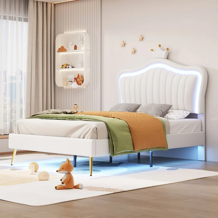 Kinderbett mit Muschel-Kopfteil und Krone, LED-Licht mit Farbwechsel, höhenverstellbarem Kopfteil, stabiler Holzlattenbasis – Bild 5