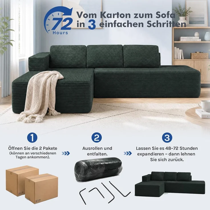 COMHOMA Ecksofa mit Schlaffunktion, 255cm Corduroy Modulares Boneless Couch mit Chaiselongue & Rücken-Metallgestell, L-Form Schlafsofa mit offenem Design, Kissen & Seitentaschen,für Wohnzimmer, Grün-R – Bild 11