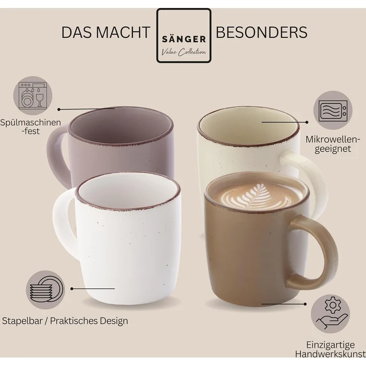 SÄNGER Steingut Kaffeebecher Bombay Erdfarben 4 teilig – Bild 4