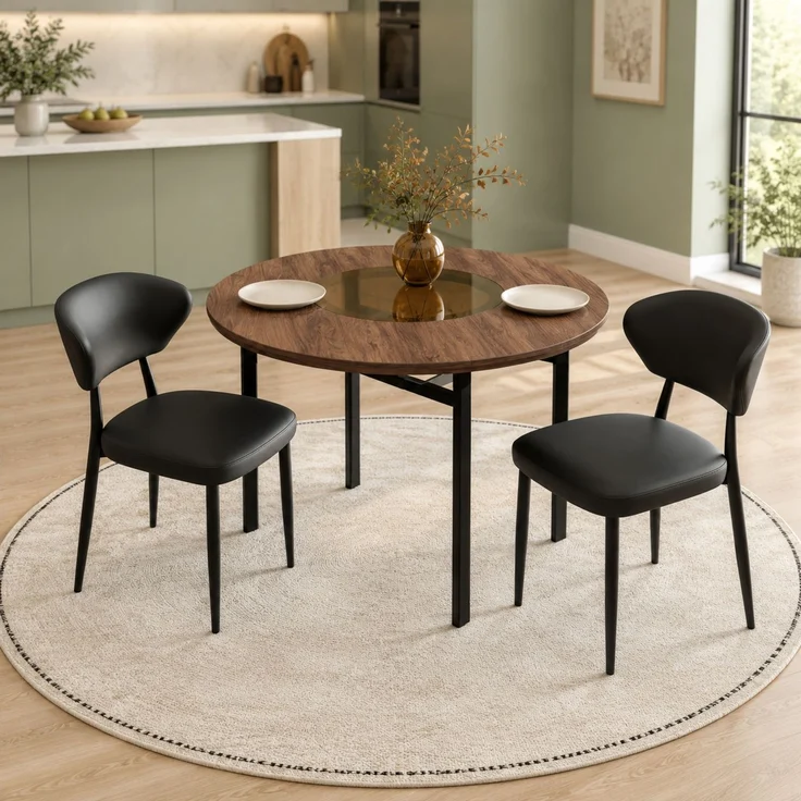 Esstisch-Set mit 2 PU-Stühlen, Glasintarsie, Ø 100x76 cm, Braun/Schwarz – Bild 3