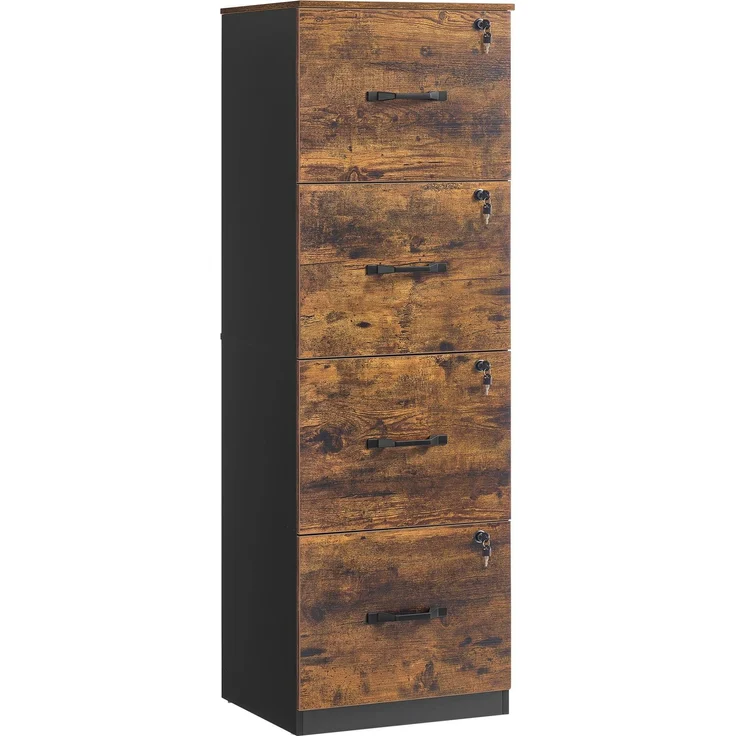 VASAGLE Aktenschrank, Büroschrank für Homeoffice, Druckerständer, mit 4 abschließbaren Schubladen, verstellbare Hängestangen, für A4- und Letter-Formate, vintagebraun-tintenschwarz OFC082K02