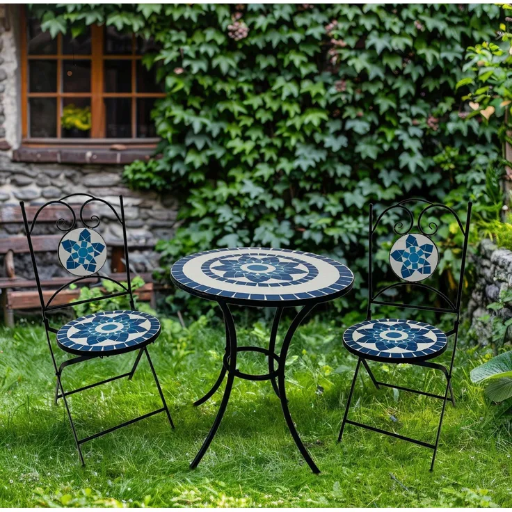 Wohnando Garten-Essgruppe Bistroset "Orion", Metalltisch, Metallmöbel, schwarz, Mosaik-Design, (3-tlg), bestehend aus 2 Stühlen und 1 Tisch, Blau Weiß Mix