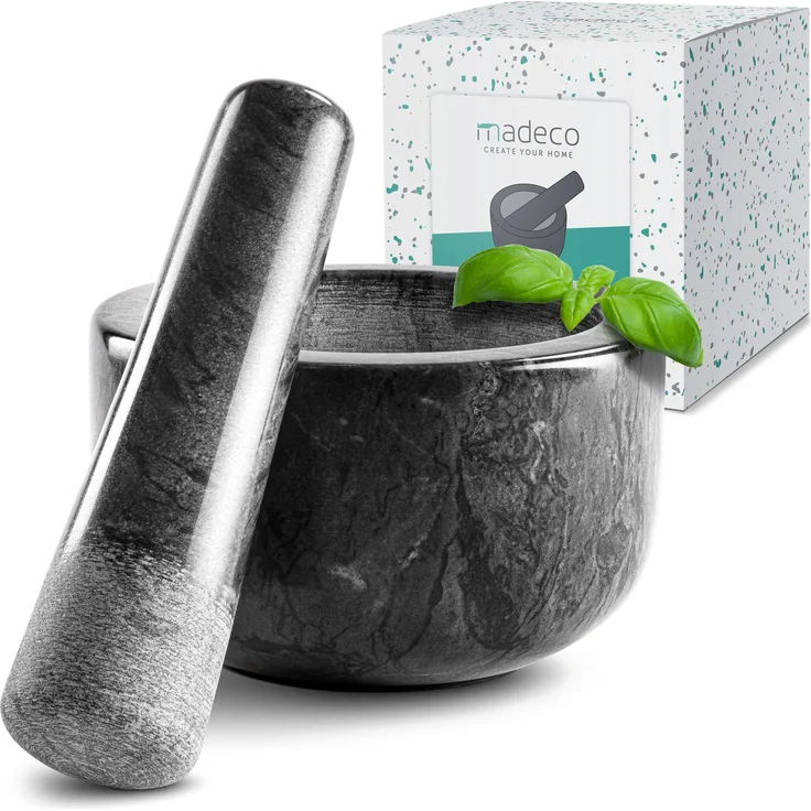 madeco Mörser mit Stößel Marmor Ø 14 cm - Perfekt geeignet für Gewürze, Kräuter & Nüsse - Steinmörser Set mit praktischem Antirutsch-Pad - Design Marmor Mörser & Stößel groß – Bild 8