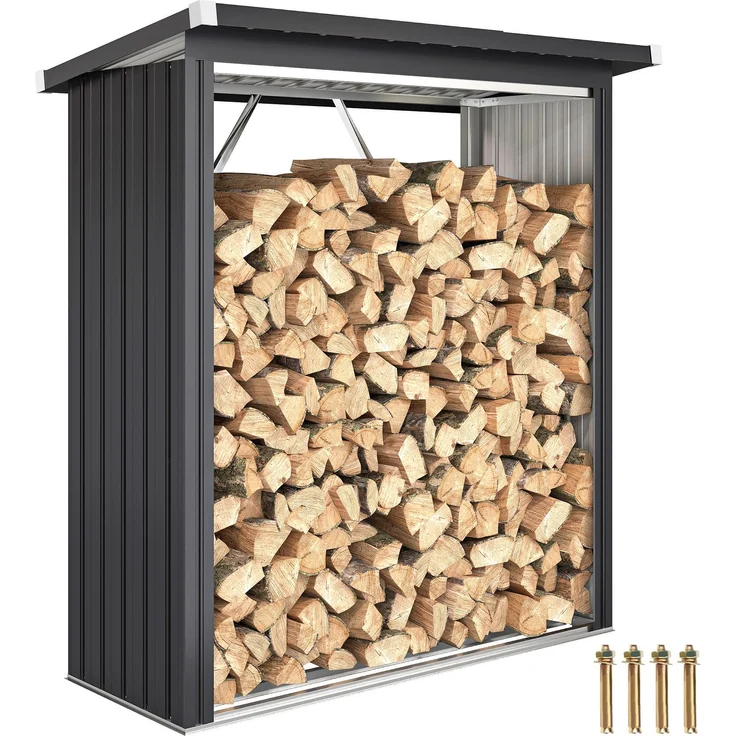 Überdachter Holzschuppen, Brennholzständer, erhöhtes Fundament, Schrägdach, verzinkter Stahl, 150 x 66,5 x 150 cm, grau – Bild 1