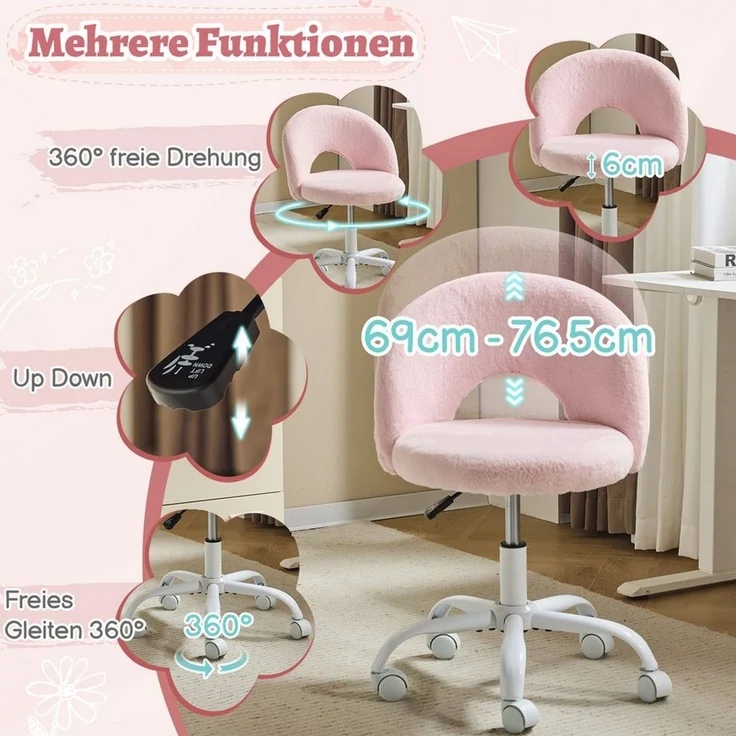 VINGLI Drehstuhl Schminktisch Stuhl, Schreibtischstuhl, Bürostuhl ohne Armlehnen, Höhenverstellbar, Homeoffice, Make up, Kunstkaninchenfell – Bild 3