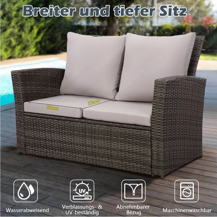 MeXo Gartenlounge-Set Balkonmöbel Set für 4 Personen, (Poly Rattan Gartenmöbel Set, 4-tlg, Lounge-Sets mit 2-Sitzer Sofa, 2 Sessel und Tisch mit Stauraum), wetterfeste Terrassenmöbel Set für kleiner Balkon – Bild 3