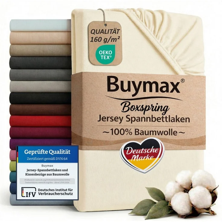 Buymax Spannbettlaken Boxspringbett 90x200-100x220 cm, 100% Baumwolle Jersey, 160 g/m², Oeko-TEX, für hohe Matratzen, Beige – Bild 1