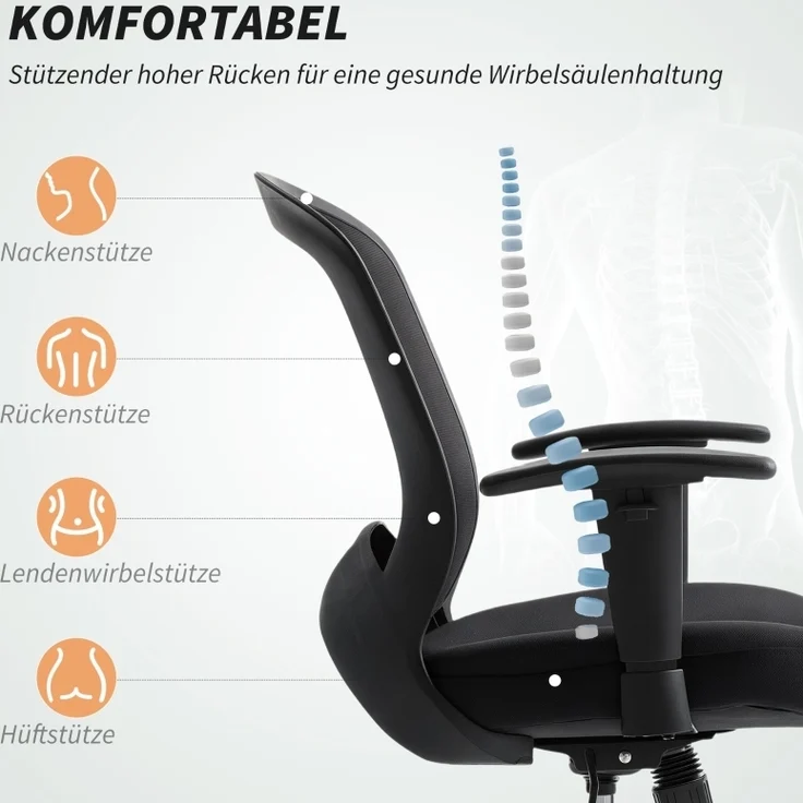 Bürostuhl ergonomisch mit Netzrücken und Wippfunktion, höhenverstellbarer Drehstuhl mit verstellbaren Armlehnen, 102.5 x 65 x 59 cm, Schwarz – Bild 3