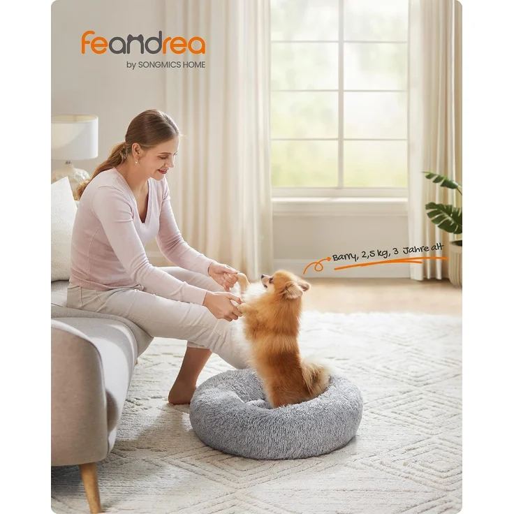 Feandrea Hundebett flauschig, Katzenbett, Donut Kissen, waschbar, Polsterung in der Mitte herausnehmbar, langer Plüsch, 60 cm Durchmesser, Ombré-Grau – Bild 2