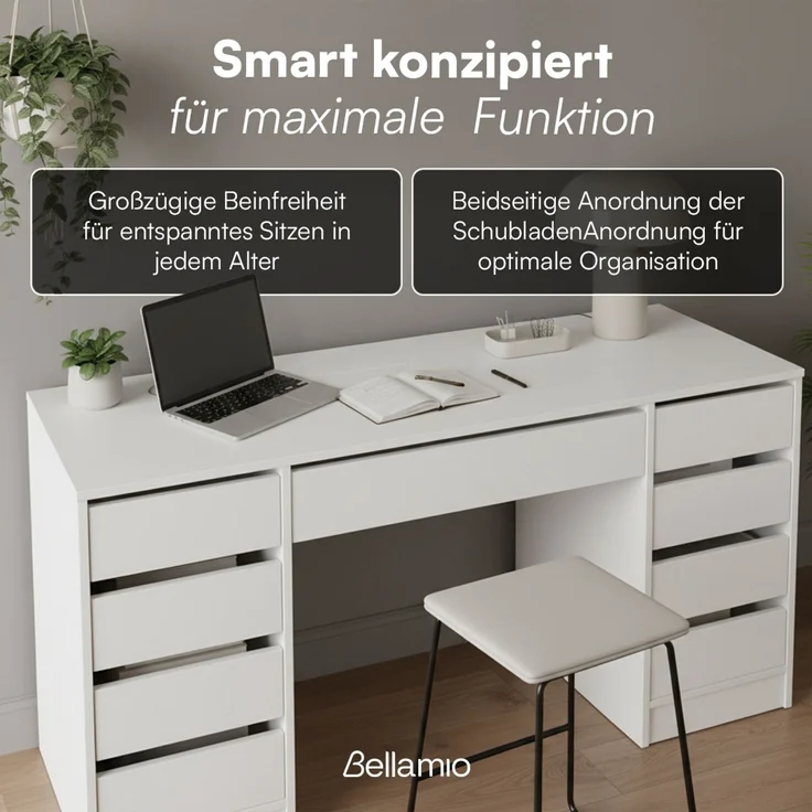 Bellamio 'Nore' Schreibtisch mit 9 Schubladen, weiß, 75x53x145 cm, Computertisch mit extra viel Stauraum – Bild 5