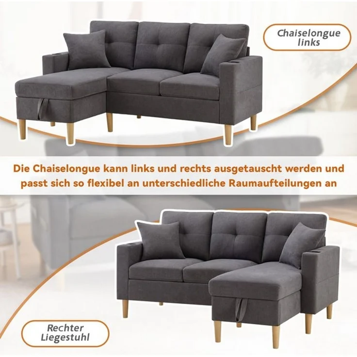 Merax 3-Sitzer Ecksofa Eckcouch in L-Form Eckgarnitur, L-förmiges Sofa aus Baumwoll- und Leinenstoff, 175*129*90cm 1 Teile, 3-Sitzer-Sofa mit integriertem Stauraum, Getränkehaltern und 2 Kissen – Bild 4