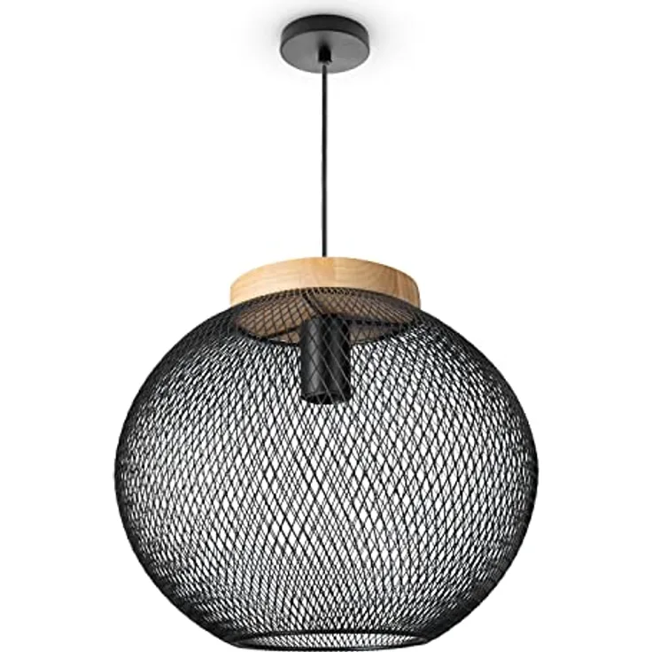 Paco Home Pendelleuchte Korblampe Metall, schwarze Hängelampe im Industrial-Design mit E27-Fassung und Holzdetails
