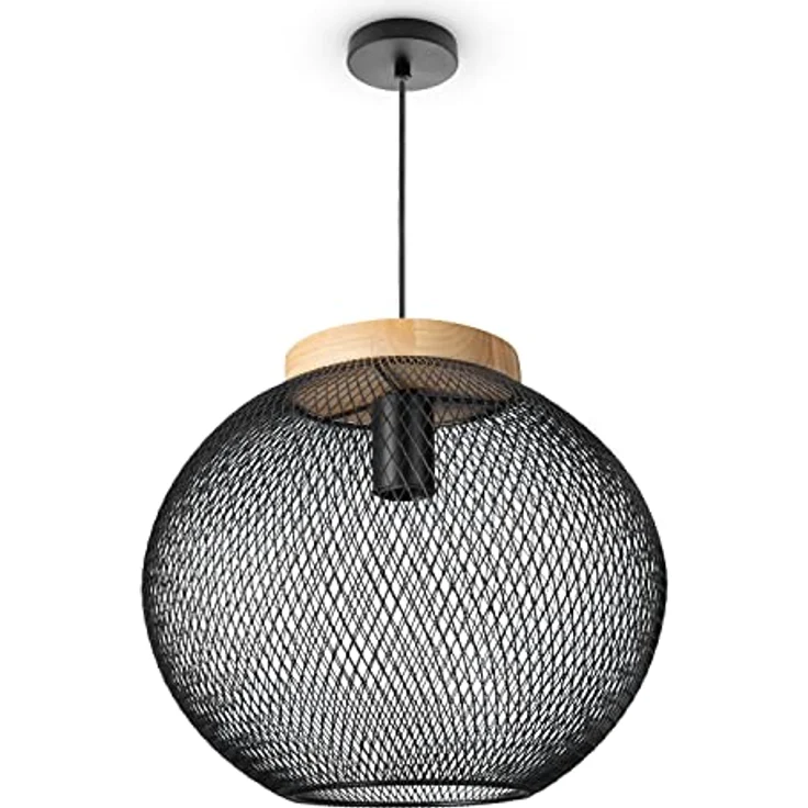 Paco Home Pendelleuchte Korblampe Metall, schwarze Hängelampe im Industrial-Design mit E27-Fassung und Holzdetails – Bild 1
