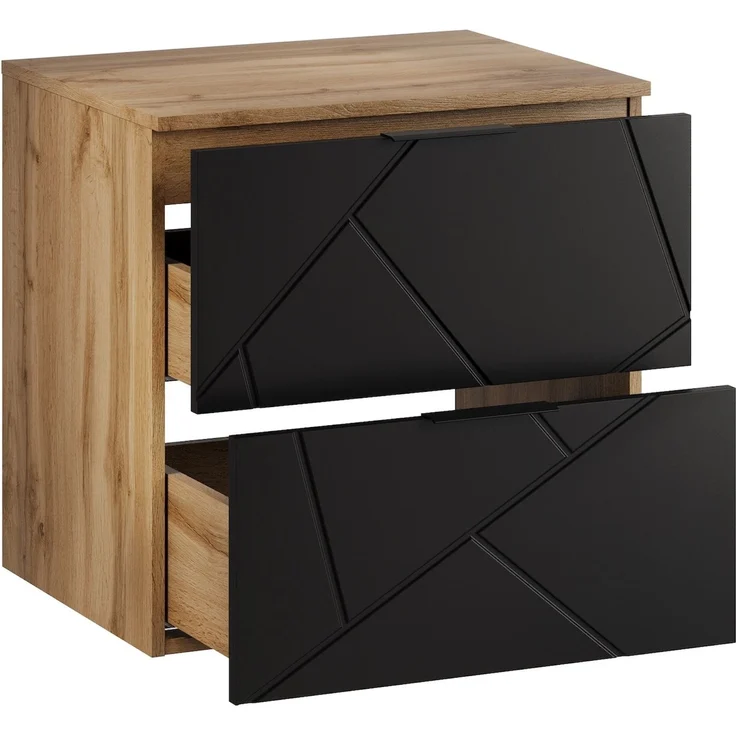 Badplaats Waschbeckenunterschrank Manello 60 x 46 x 58 cm – Eiche mit Matt Schwarz – Hängender Waschtischunterschrank mit 2 Schubladen – Bild 4