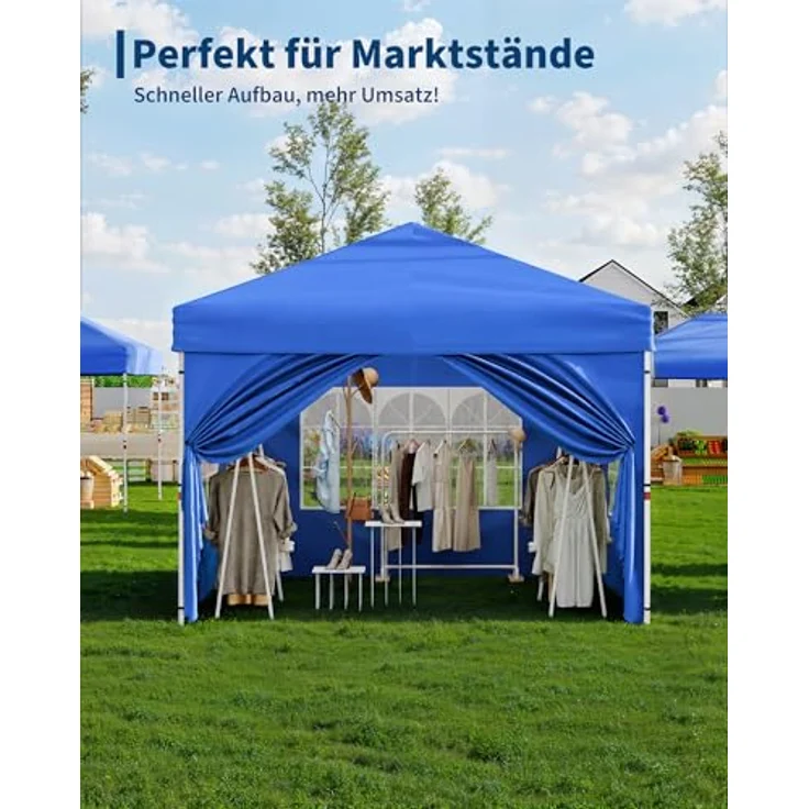 Faltpavillon 3x3 m wasserdicht stabil mit 4 Seitenwänden – Pop up Pavillon faltbar aus 420D Oxford, UV-Schutz 50+, 3-Fach höhenverstellbar, Partyzelt mit Tragetasche für Garten & Outdoor (Blau) – Bild 9