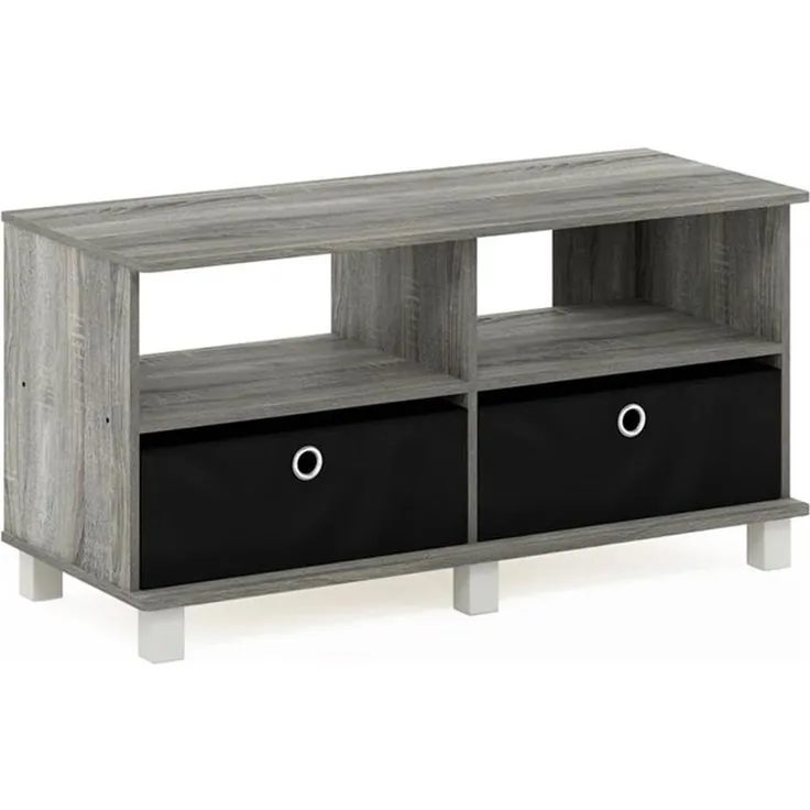 Furinno Andrey Entertainment Center mit Schubladen, holz, Französische Eiche Grau/Schwarz, 39. 62x39. 62x48. 26 cm