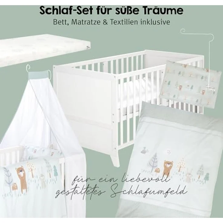 roba Komplettbettset Woodland Buddies - Babybett 70 x 140 cm aus Holz inkl. Matratze, Bettwäsche, Himmel & Himmelstange - Mitwachsendes Kinderbett ab 6 Monate - Weiß – Bild 2