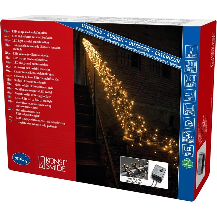 Konstsmide Micro LED Büschellichterkette Cluster, mit 8 Funktionen, Steuergerät und Memoryfunktion, 2016 bernsteinfarbene Dioden, 36V Außentrafo, schwarzes Kabel - 3866-800