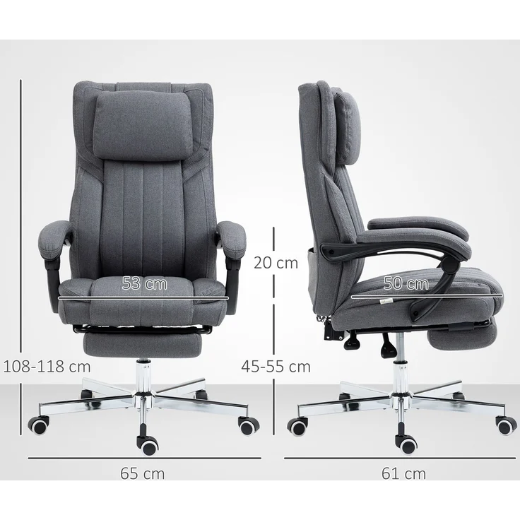 MELAYR, Bürostuhl mit Massagefunktion, neigbare Rücklehne, ausziehbare Fußstütze, Leinenoptik, grau, 65 x 61 x 118 cm – Bild 5