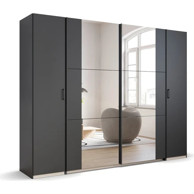 rauch Kleiderschrank, Dreh- und Schwebetürenschrank KRONACH, 4-türig, 2 Spiegeltüren teilaufgelegt, Grau metallic, 268 x 210 x 59 cm – Bild 3
