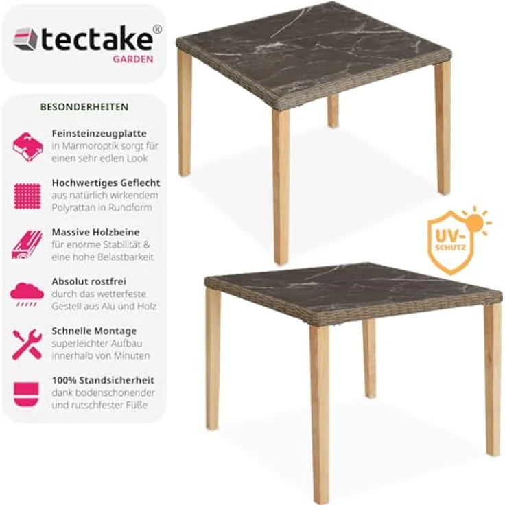 tectake Rattantisch Tarent, quadratisch, marmorierte Feinsteinzeugplatte, 93.5x75x93.5 cm, Aluminiumgestell, UV-beständiges Polyrattan – Bild 3