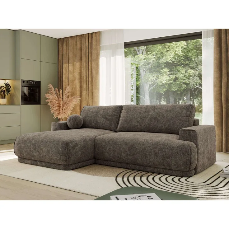 RINA L Design Ecksofa, Schlaffunktion & Stauraum, DL-System, Wellenfedern, Liegefläche 220x155 cm, freistehendes Polstersofa, Schlafcouch - Braun Schenille grob gewebt - Links Seite