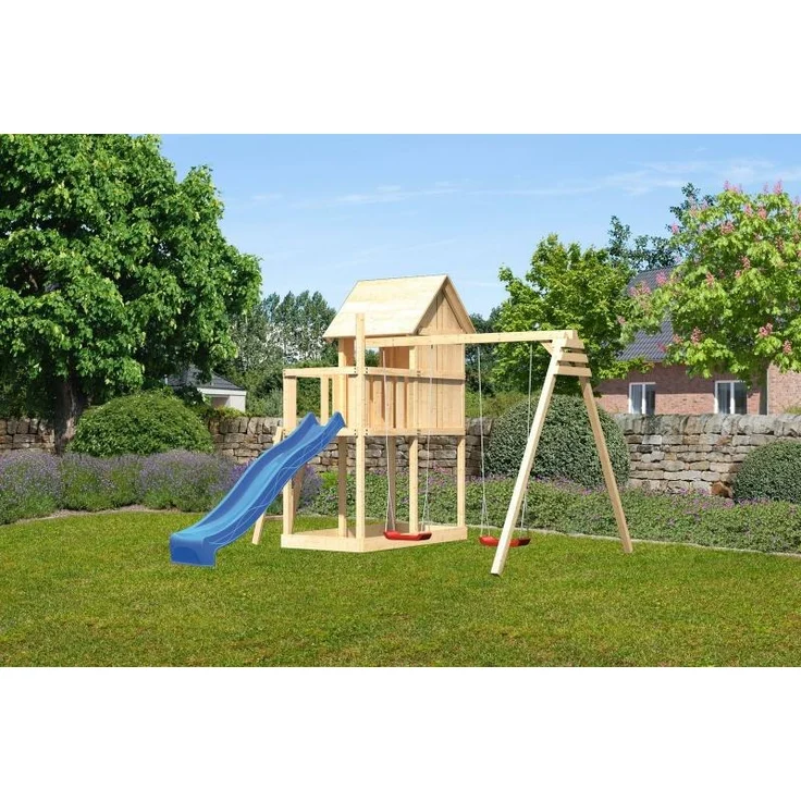 Karibu Kinderspielhaus Frieda Set Aktion2 naturbelassen mit Anbau, Doppelschaukel und Rutsche blau – Bild 1