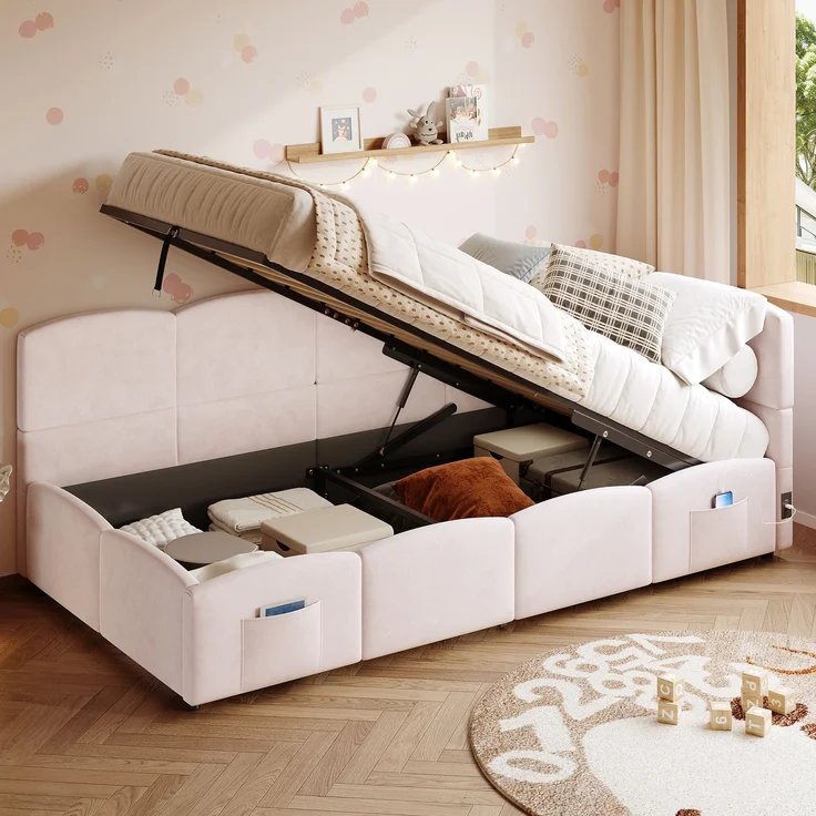 Polsterbett, Kinderbett,Einzelbett, Stauraumbett, Schlafsofa 90x200 cm, mit Lattenrost, USB-Ladegerät, Stautasche, Jugendbett und Erwachsenen-Kinderbett, Samt,rosa (ohne Matratze) – Bild 4