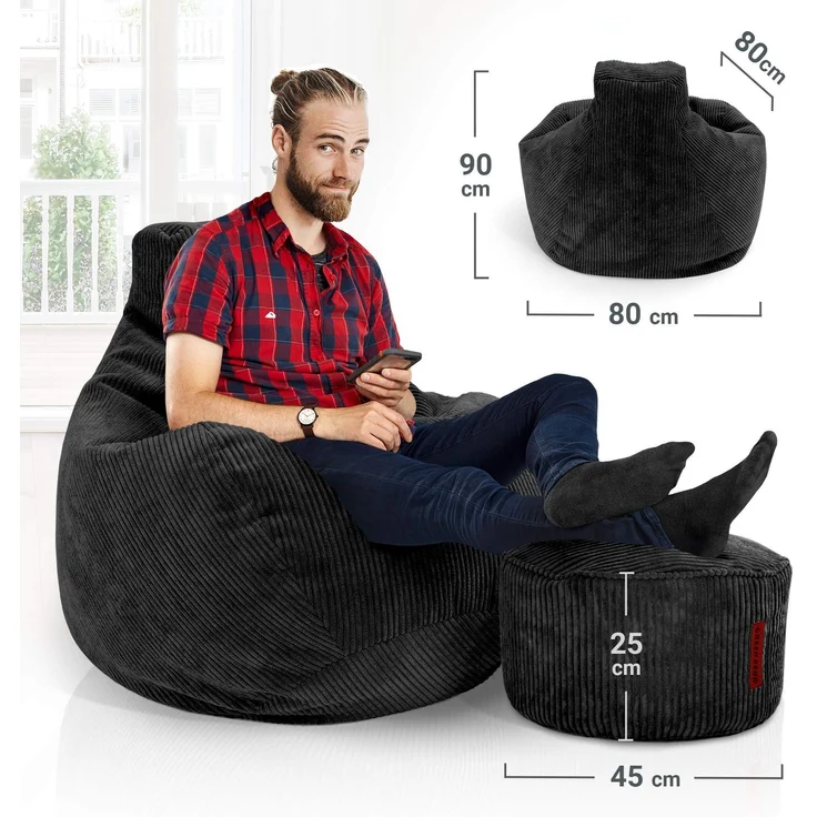 Green Bean® Sitzsack mit Hocker aus Cord - Sitzsäcke für das Wohnzimmer, Schlafzimmer, Sitzsack-Sessel für Erwachsene Schwarz – Bild 4
