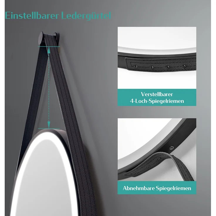 EMKE Badspiegel mit Beleuchtung ф60cm Touch 3 Lichtfarben Dimmbar Abnehmbarer Gürtel Schwarz Rahmen Wandspiegel – Bild 4