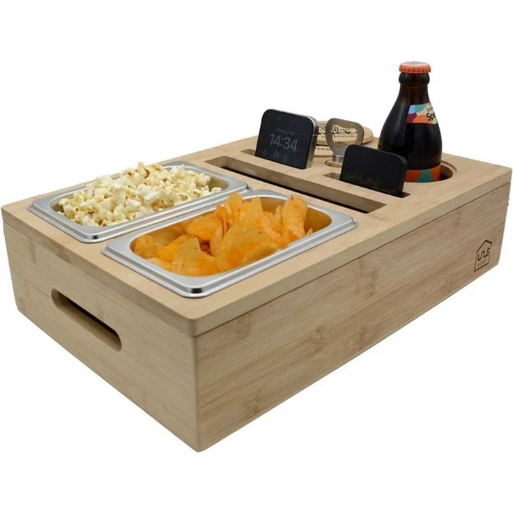 UNUS HOME Tablett Couchbar Sofatablett mit Getränkehalter mit Snackschalen, (Couchbar 40 x 26 x 10 cm(LxBxH) inklusive Flaschenöffner), Bambusholz Snackbox Organizer Sofatablett Getränkehalter Snackschalen – Bild 4