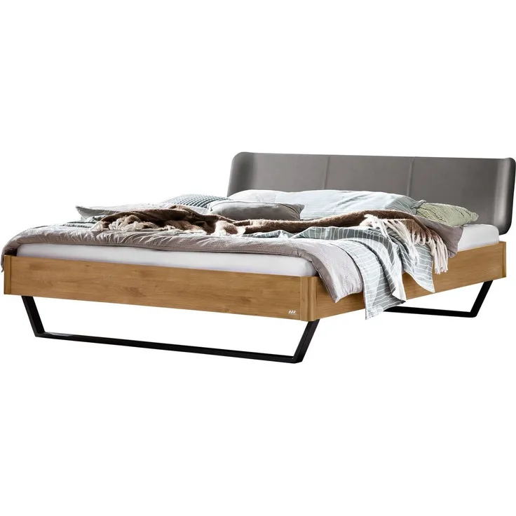 Hasena Massivholzbett Montieri Wildeiche mit Kopfteil, Bezug Monet Steel 160x200 cm, Komforthöhe 25 cm – Lounge