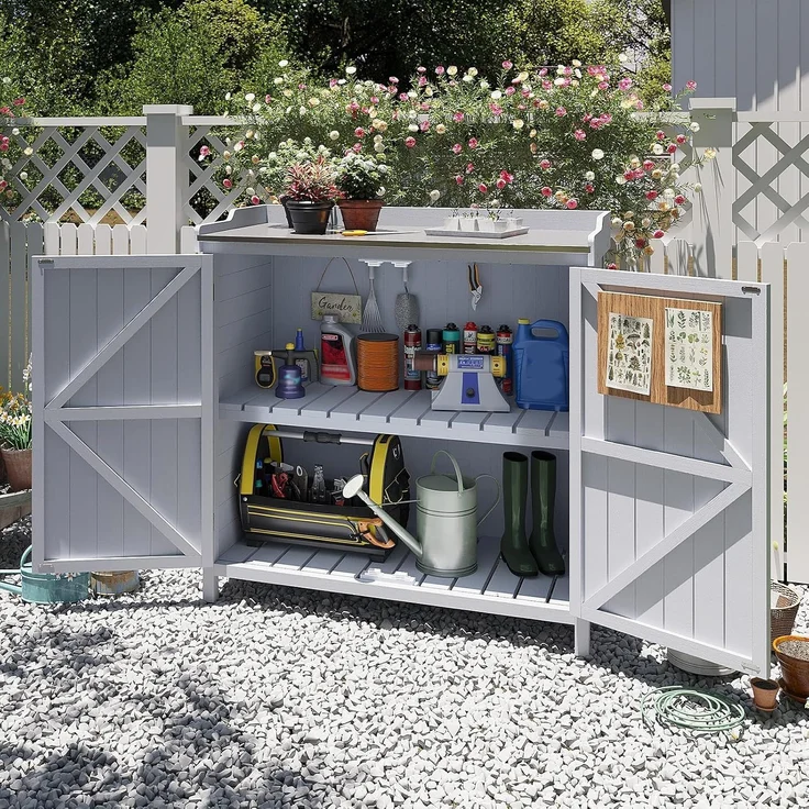 Aoxun Gartenlagerhaus aus Holz, Werkzeugschrank mit verzinkter Platte und verstellbarem Regal, Pflanzwerkbank für Gartengeräte, 98 x 47 x 94 cm, Grau – Bild 6