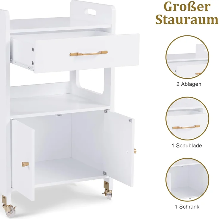 M MCombo Servierwagen mit Rollen & Schubladen, Rollwagen Friseurwagen Weiß, Salon Trolley mit 2 Ablagen, Moderner Arbeitswagen, 35x48x80,5 cm, 0055 – Bild 4