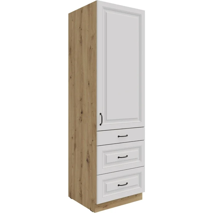Küchen Hochschrank 60 cm mit Schubladen Stilo Weiss + Eiche Artisan Küchenzeile Küchenblock Einbauküche Landhaus Küche – Bild 1