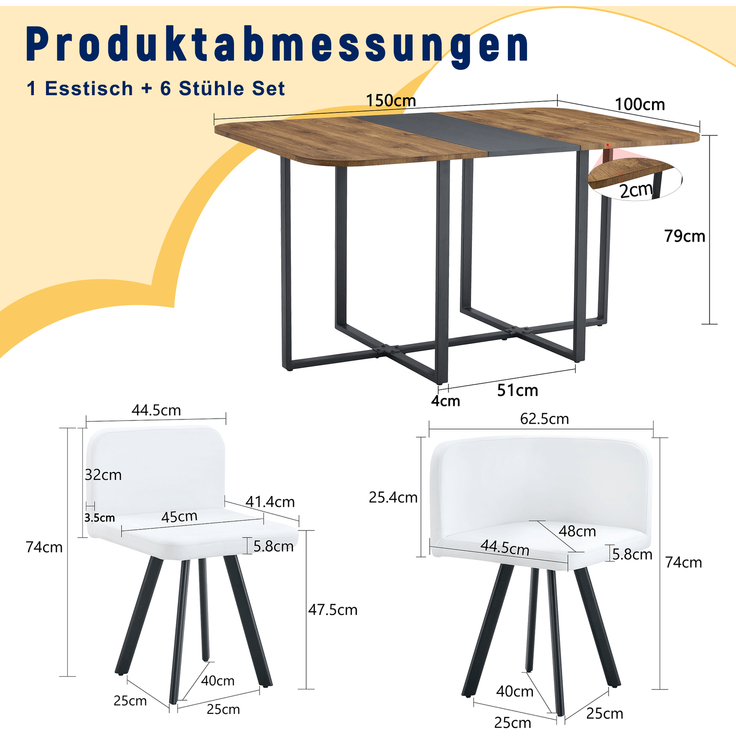 Ausziehbare Esstischgruppe mit 6 Stühlen, MDF-Holzmaserung, schwarzes Metallgestell, modern,H 79 x T 150 x B 100 cm – Bild 5