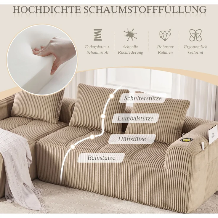LVHOM Ecksofa 3 sitzer, Bodensofa mit Seitentaschen und Getränkehalter, Polstersofa aus Cordstoff, frei Kombination, Modulares Chaiselongue-Sofa-Set, 253x158x61 cm – Bild 5