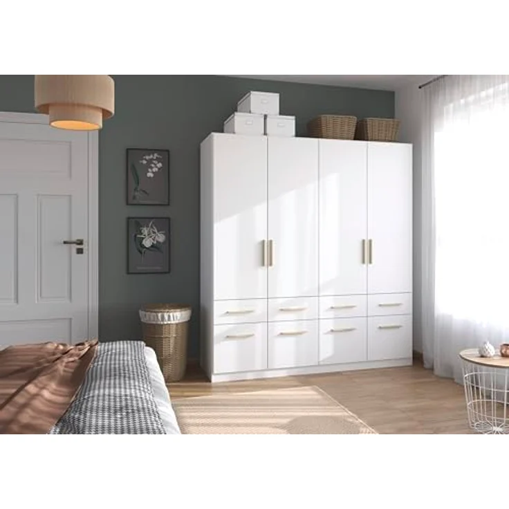Rauch Möbel Dundee, Kleiderschrank, Schrank, Garderobe, Organizer, 4-türig, 8 Schubladen, Farbe Weiß, Holzgriff Eiche Massiv, 181 x 197 x 54 cm – Bild 5