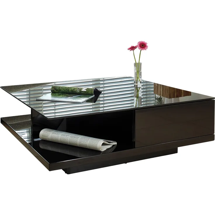 SalesFever Couchtisch 100 x 100 cm – Kristallglasplatte mit 2 Schubladen und offenen Fächern
