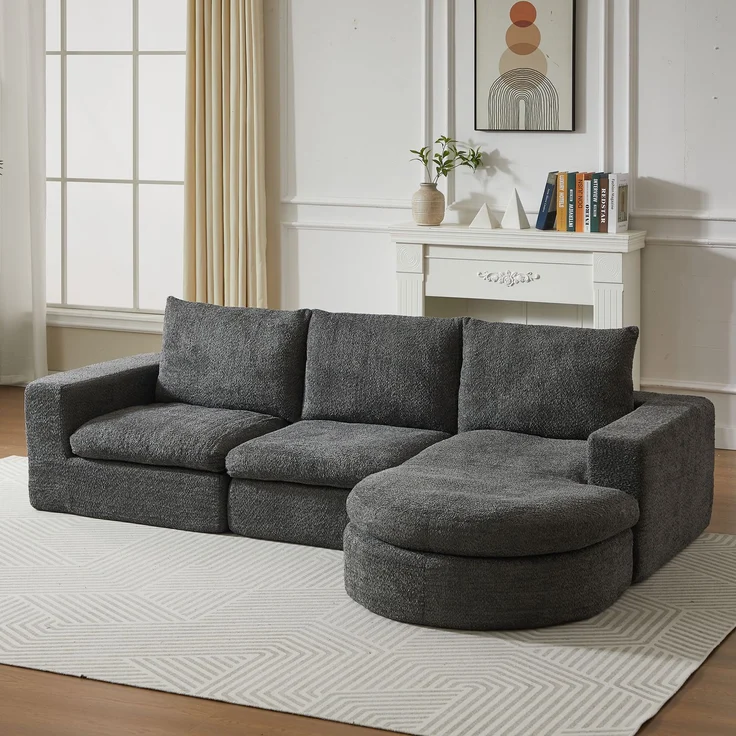 Modulares Sofa H 81 x T 251 x B 160 cm aus Chenille in Grau mit verstellbarer Chaiselongue – Bild 2