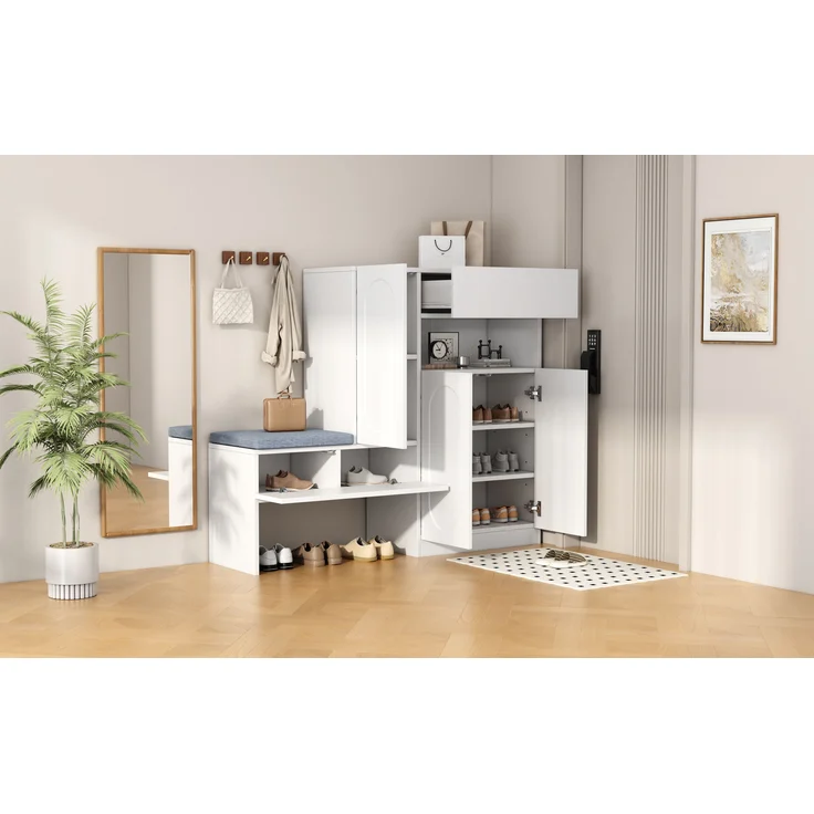 Weißer Schuhschrank mit Sitzbank und höhenverstellbaren Fächern 130 cm Moderner Schuhorganizer für Diele mit Soft Close Funktion Schuhregal Aufbewahrungsbank mit abnehmbarer Sitzauflage và Kippsicherung, 130cmx35cmx110cm, Weiß – Bild 4