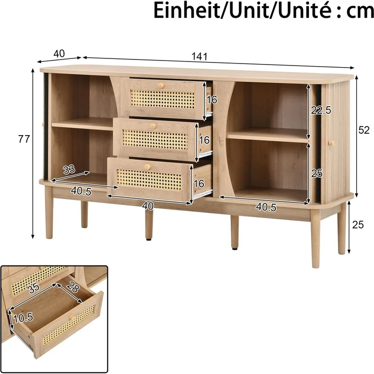DESVIAE Sideboard Natur aus MDF – 141x77x40 cm – 3 Rattanschubladen, Schiebetüren – Bild 9