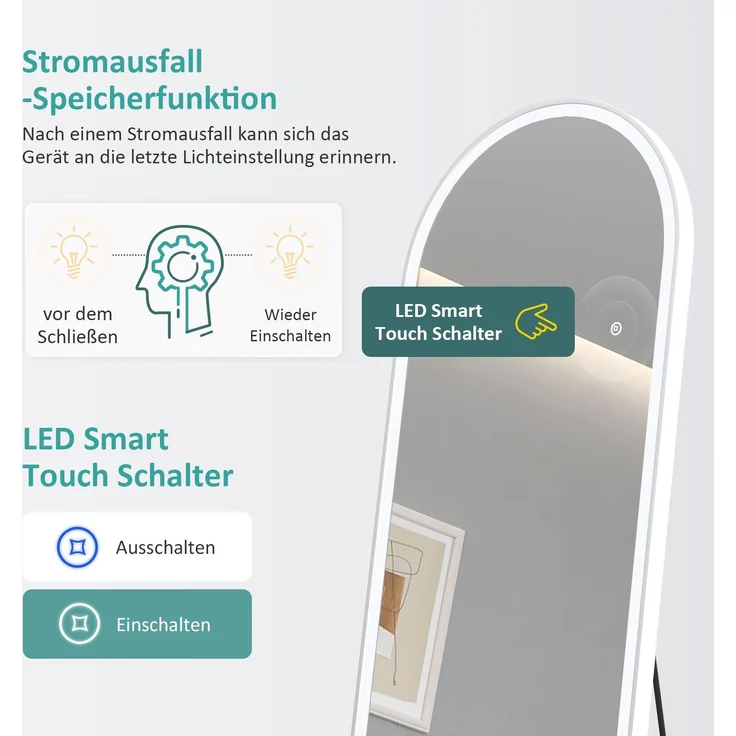 EMKE Bogen Standspiegel Ganzkörperspiegel mit LED Beleuchtung 3 Lichtfarbe Einstellbar Dimmbar, mit Rahmen aus Aluminiumlegierung Weiß 160x60cm – Bild 2