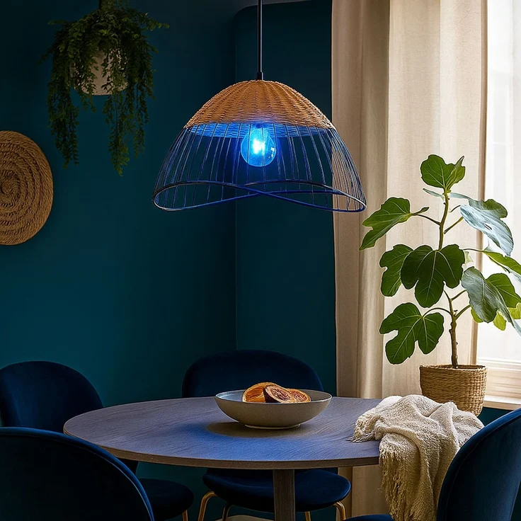RGB LED Hängelampe, Käfig schwarz, Holz, Rattan, App-Steuerung – Bild 3