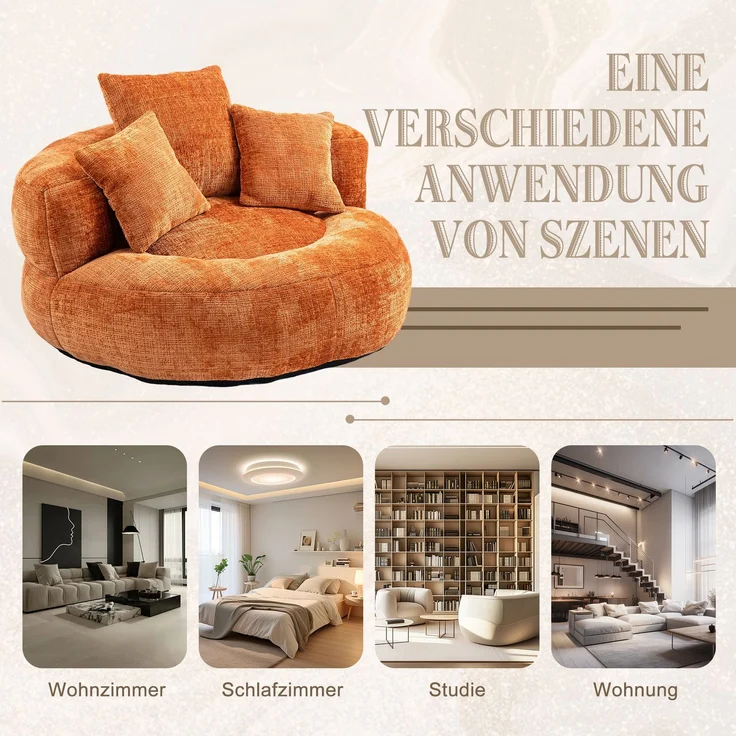 LVHOM XXL Sitzsack Chenille mit 3 Kissen, Lazy Sofa Kuschelig & Atmungsaktiv, Memory Foam Split, 108x108x52cm – Bild 5