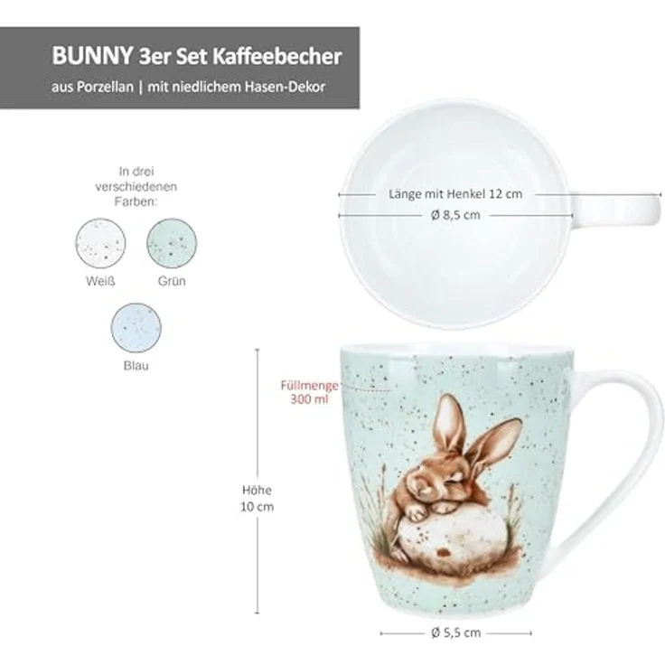 Ritzenhoff & Breker Becher Ritzenhoff 3er Set Kaffeebecher Bunny 300ml Hase Ostern Weiß Grün Blau, Porzellan – Bild 6