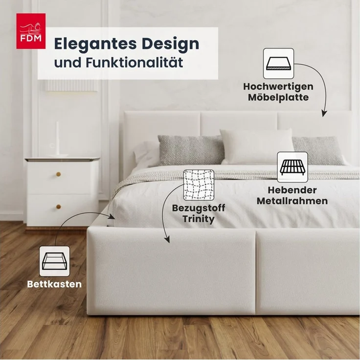 FDM Polsterbett BELORA modern mit Bettkasten MADE IN EU - mit Trinity Velours Bezug (verfügbar 90x200 120x200 140x200 160x200 180x200cm, Bettrahmen, Bett, mit großen gepolsterten Kopfteil, mit Bettkasten zum aufklappen), Hebbarer Metallrahmen, Bettkast... – Bild 2