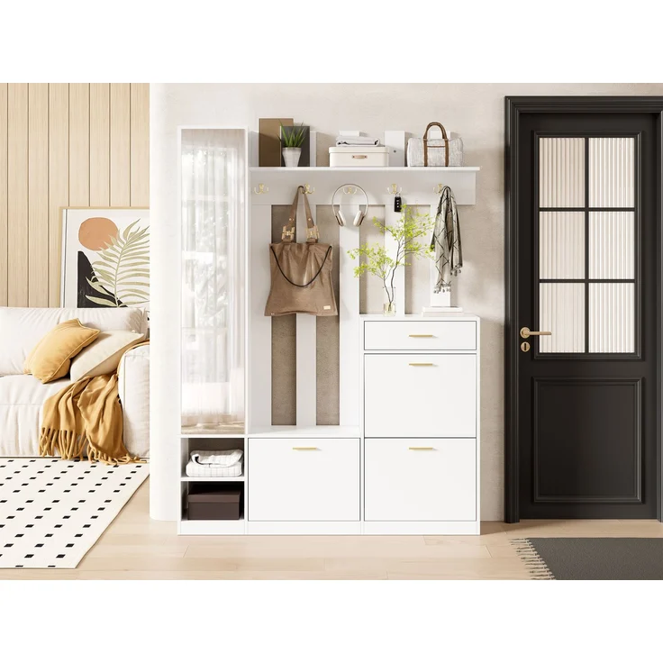 Garderoben-Set mit Spiegel, 3 Schuhkippern, 1 Schublade & vielen Haken – Platzsparende Garderoben-Kompaktgarderobe für Diele & Flur, Weiß, 133x23,5x180 cm--Weiß--133x23.5x180cm--YOUDENOVA – Bild 10