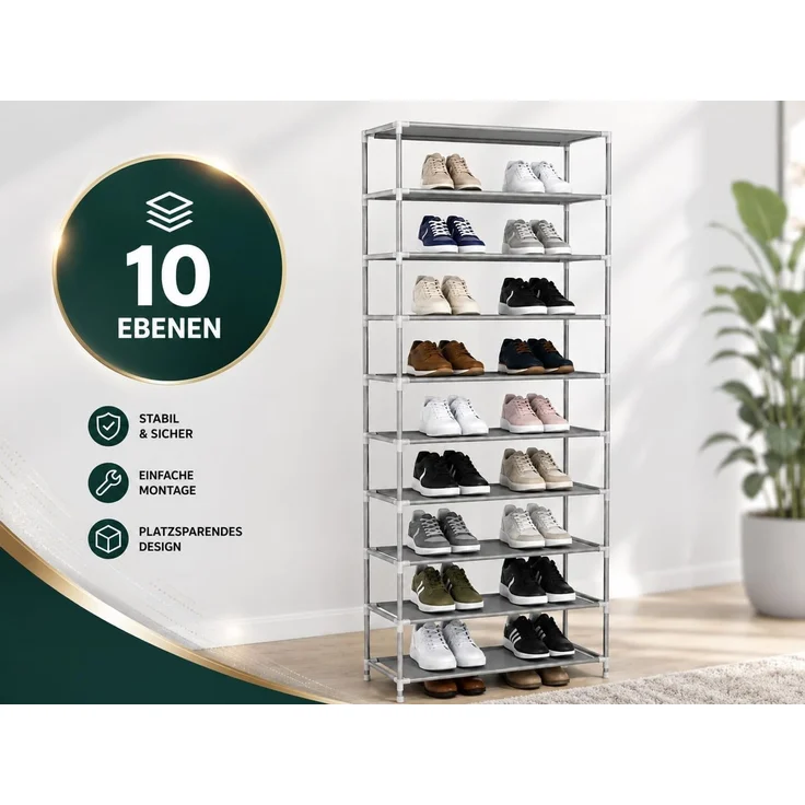 YaLiva_Decor® Schuhregal Höhenverstellbar, Aufbewahrungssystem für bis 35 Paar Schuhe, Metall grau, 55 x 27 x 155 cm – Bild 5
