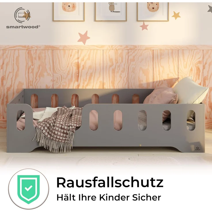 smartwood Kinderbett Bodenbett 100x180 mit Rausfallschutz & Lattenrost - Grau - Kinder Montessori Bett TILA 2L mit glatten Kanten - Betten für schnelle Montage - Bis 230 kg belastbar – Bild 5